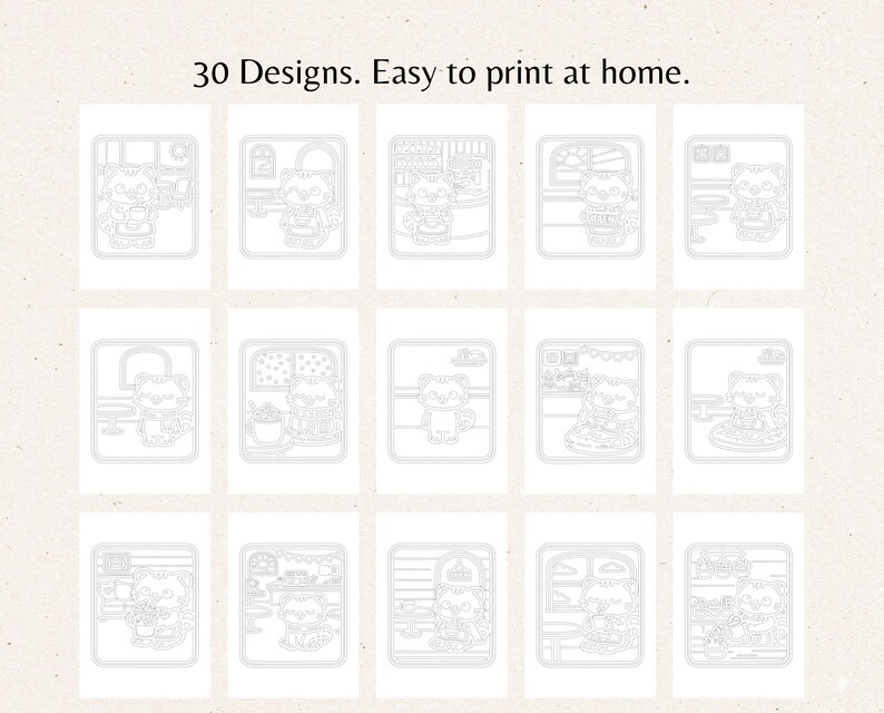 Overview image showing multiple small preview thumbnails of different coloring pages included in the bundle. Each design features a cute cat inside various cozy café scenes such as coffee counters, window seats, bookshelves, and pastry displays. This grid highlights the variety of café-themed illustrations included in the 30-page monochrome cat coloring book.