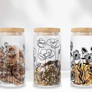 Wildflower Libbey glass can wrap PNG SVG DXF EPS bundle for 16 oz and 20 oz tumbler sublimation, hand-drawn flower line art, wild flower wrap template, floral tumbler design, aesthetic black and white glass can design, boho botanical can wrap, commercial use, instant download, summer flower can glass design, minimalist wildflower tumbler art, floral SVG for Cricut and Silhouette, transparent background PNG for craft projects, digital flower wrap for iced coffee cup. libby jar sublimation