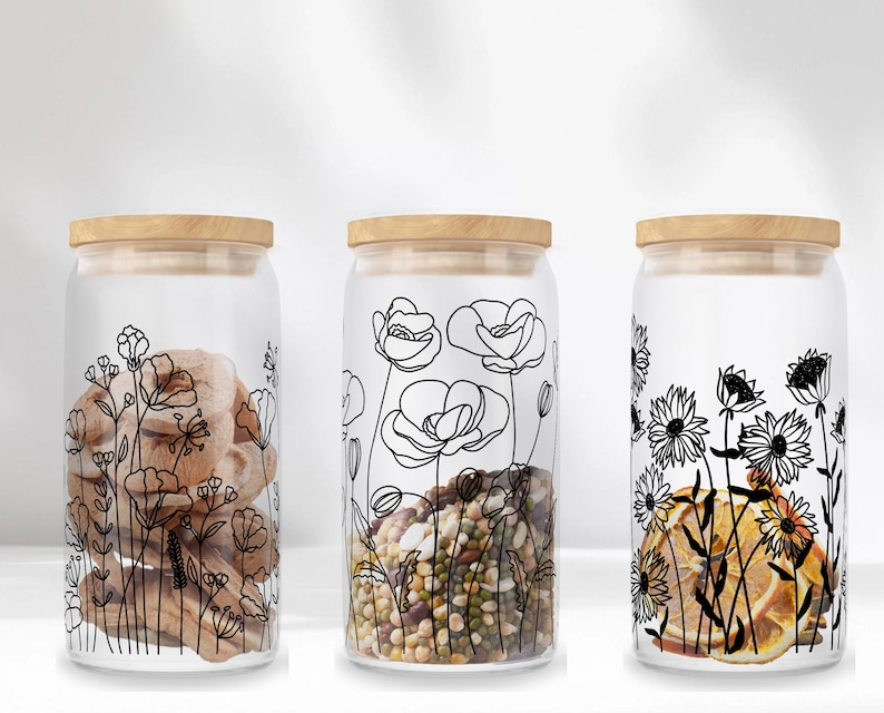 Wildflower Libbey glass can wrap PNG SVG DXF EPS bundle for 16 oz and 20 oz tumbler sublimation, hand-drawn flower line art, wild flower wrap template, floral tumbler design, aesthetic black and white glass can design, boho botanical can wrap, commercial use, instant download, summer flower can glass design, minimalist wildflower tumbler art, floral SVG for Cricut and Silhouette, transparent background PNG for craft projects, digital flower wrap for iced coffee cup. libby jar sublimation