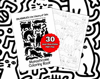 Op de afbeelding: Een monochroom kleurboek getiteld CATHEMATICS: the theory of Cats, met zwarte katillustraties op een witte pagina en een tweede pagina met omtreklijnen van katten. Een rode ronde badge vermeldt 30 Just One-Color PDF File.