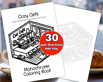 Cozy Cafe Monochrome Coloring Book PDF - 30 One Color small shop Scenes, Minimal Isometric Coloring Pages ,Stress Relief adults teens