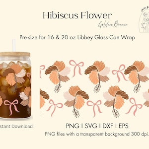 Libbey Glass Wrap Hibiscus Golden Breeze | Tropical Floral Glass Can Wrap for 16 & 20 oz Libbey | Boho Cream Floral SVG | Instant Download
