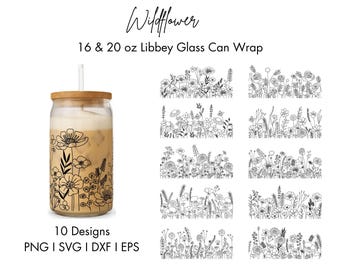 May include: A clear glass can with a wooden lid and straw, filled with a beverage. The glass is wrapped with a black and white wildflower design. The image also shows 10 different wildflower designs. Text on the image reads "Wildflower" and "16 & 20 oz Libbey Glass Can Wrap."
