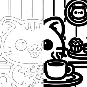 Detailed close-up of a black and white coloring illustration featuring a cute café cat holding a cup of coffee, with desserts and pastries displayed on a counter in the background. The bold outlines and simple shapes emphasize an easy, calming coloring experience. This image showcases the cozy café atmosphere and adult-friendly monochrome style of the printable coloring book.