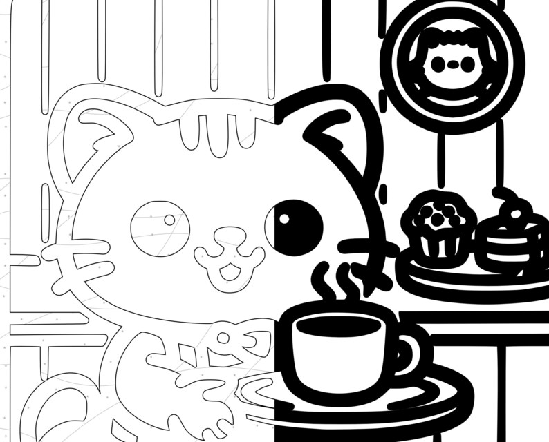 Detailed close-up of a black and white coloring illustration featuring a cute café cat holding a cup of coffee, with desserts and pastries displayed on a counter in the background. The bold outlines and simple shapes emphasize an easy, calming coloring experience. This image showcases the cozy café atmosphere and adult-friendly monochrome style of the printable coloring book.