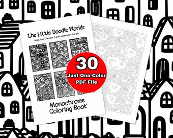 The Little Doodle Worlds Monochrome Coloring Book – 30 one color Relaxing Pages (PDF) Printable Adult Easy Stress Relief Coloring