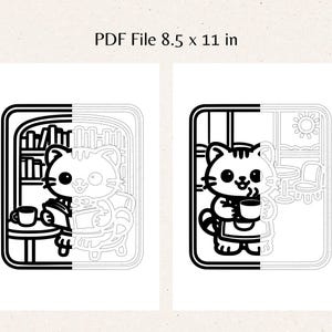 Informational image displaying printable file details for a digital coloring book. The layout shows two sample coloring pages with a cute cat reading and enjoying coffee inside a café, alongside text stating “PDF File 8.5 x 11 in.” This image reassures buyers that the monochrome cat cafe coloring pages are formatted for easy home printing on standard US letter paper.