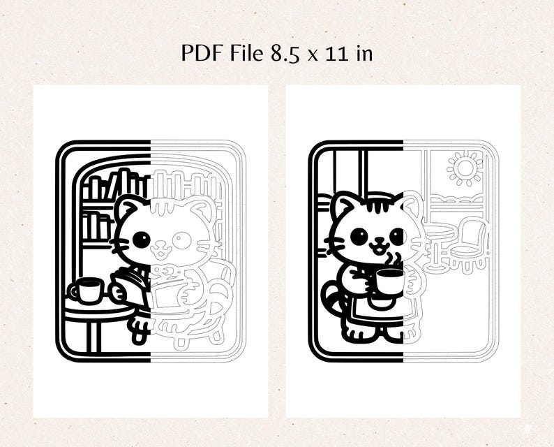 Informational image displaying printable file details for a digital coloring book. The layout shows two sample coloring pages with a cute cat reading and enjoying coffee inside a café, alongside text stating “PDF File 8.5 x 11 in.” This image reassures buyers that the monochrome cat cafe coloring pages are formatted for easy home printing on standard US letter paper.