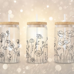 Wildflower Libbey glass can wrap PNG SVG DXF EPS bundle for 16 oz and 20 oz tumbler sublimation, hand-drawn flower line art, wild flower wrap template, floral tumbler design, aesthetic black and white glass can design, boho botanical can wrap, commercial use, instant download, summer flower can glass design, minimalist wildflower tumbler art, floral SVG for Cricut and Silhouette, transparent background PNG for craft projects, digital flower wrap for iced coffee cup. libby jar sublimation