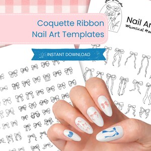 May include: Coquette Ribbon Nail Art Templates. The image shows nail art templates with bow designs. The templates include various bow styles and the text "Instant Download". The image also shows a hand with nail art.