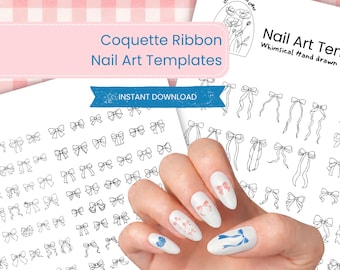 May include: Coquette Ribbon Nail Art Templates. The image shows nail art templates with bow designs. The templates include various bow styles and the text "Instant Download". The image also shows a hand with nail art.