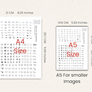 A comparison image of the Flower and Leaves Nail Art Templates in A4 and A5 sizes. Both sheets display rows of hand-drawn botanical nail icons including flowers, leaves, stems, and petals. The size chart helps customers choose the right dimensions for printing and using the designs as nail stencils or tracing guides. Ideal for DIY nail artists, nail salons, and press-on nail creators looking for floral nail design resources.