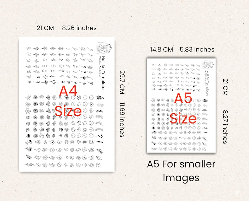 A comparison image of the Flower and Leaves Nail Art Templates in A4 and A5 sizes. Both sheets display rows of hand-drawn botanical nail icons including flowers, leaves, stems, and petals. The size chart helps customers choose the right dimensions for printing and using the designs as nail stencils or tracing guides. Ideal for DIY nail artists, nail salons, and press-on nail creators looking for floral nail design resources.