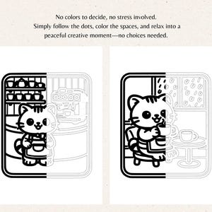Minimal promotional image explaining the concept of a monochrome coloring book for stress relief. The design features soft beige paper texture with text describing a calm, no-stress coloring experience, encouraging users to simply follow the lines and color without choosing palettes. This image introduces the relaxing idea behind the cozy cat cafe coloring book, ideal for adults seeking mindful art, anxiety relief, and quiet creative time with simple black and white printable designs.