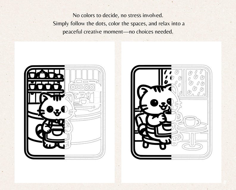 Minimal promotional image explaining the concept of a monochrome coloring book for stress relief. The design features soft beige paper texture with text describing a calm, no-stress coloring experience, encouraging users to simply follow the lines and color without choosing palettes. This image introduces the relaxing idea behind the cozy cat cafe coloring book, ideal for adults seeking mindful art, anxiety relief, and quiet creative time with simple black and white printable designs.