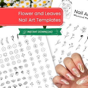May include: Nail art templates featuring whimsical hand-drawn flower and leaf designs. The templates include various floral and leaf patterns for nail art. The image also shows a hand with nails decorated with floral designs.