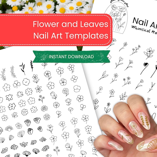 Flower & Leaves Nail Art Stencil Templates - Hand-Drawn Floral Printable nailart Practice Sheet, Minimal Design (PDF)