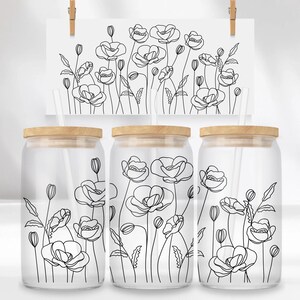 Wildflower Libbey glass can wrap PNG SVG DXF EPS bundle for 16 oz and 20 oz tumbler sublimation, hand-drawn flower line art, wild flower wrap template, floral tumbler design, aesthetic black and white glass can design, boho botanical can wrap, commercial use, instant download, summer flower can glass design, minimalist wildflower tumbler art, floral SVG for Cricut and Silhouette, transparent background PNG for craft projects, digital flower wrap for iced coffee cup. libby jar sublimation