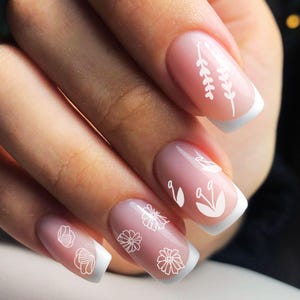 A tutorial-style graphic showing a hand with floral nail art created using the printable nail stencil sheet. Colorful instruction bars explain how to print the sheet at full size, laminate it, paint gel colors over the stencil, cure the gel, lift the design, and place it onto the nail. This guide helps beginners understand how to turn the Flower and Leaves Nail Art Templates into reusable DIY stencils for beautiful botanical nail designs.