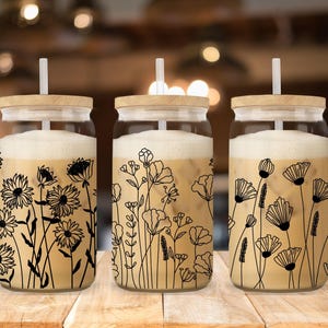 Wildflower Libbey glass can wrap PNG SVG DXF EPS bundle for 16 oz and 20 oz tumbler sublimation, hand-drawn flower line art, wild flower wrap template, floral tumbler design, aesthetic black and white glass can design, boho botanical can wrap, commercial use, instant download, summer flower can glass design, minimalist wildflower tumbler art, floral SVG for Cricut and Silhouette, transparent background PNG for craft projects, digital flower wrap for iced coffee cup. libby jar sublimation