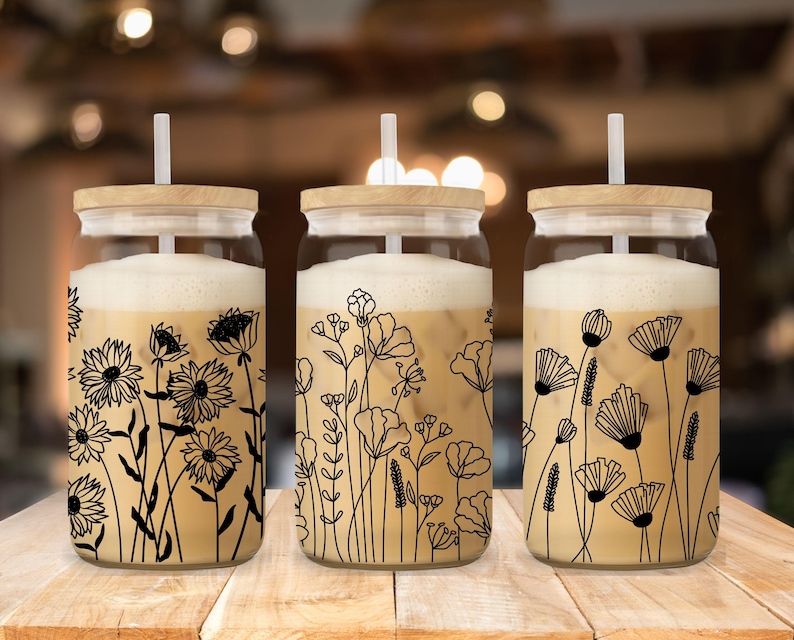 Wildflower Libbey glass can wrap PNG SVG DXF EPS bundle for 16 oz and 20 oz tumbler sublimation, hand-drawn flower line art, wild flower wrap template, floral tumbler design, aesthetic black and white glass can design, boho botanical can wrap, commercial use, instant download, summer flower can glass design, minimalist wildflower tumbler art, floral SVG for Cricut and Silhouette, transparent background PNG for craft projects, digital flower wrap for iced coffee cup. libby jar sublimation