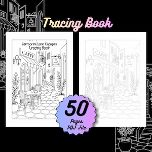 Pode incluir: Livro de colorir em preto e branco com tema Santorini. A capa apresenta uma ilustração detalhada de uma cena de café com mesas, cadeiras e ruas de paralelepípedos. O livro inclui 50 páginas em formato PDF.