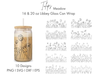 May include: A set of 10 digital designs featuring black line drawings of tulips in a meadow. The designs are for 16 and 20 ounce Libbey glass can wraps. The designs are available in PNG, SVG, DXF, and EPS formats.