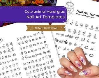 Plantillas de uñas con diseños de animales para Mardi Gras - Hoja de práctica imprimible con diseños florales dibujados a mano, diseño minimalista DIY (PDF)
