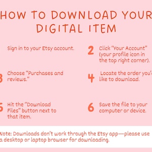 A digital download instruction graphic explaining how to access the Flower and Leaves Nail Art Templates on Etsy. The image lists steps such as signing in, going to purchases, clicking download files, and saving the printable sheet. The soft pink background and playful text provide clear guidance for beginners who wish to print and use the floral nail stencil sheets for DIY nail art, gel manicures, or press-on nail creation.