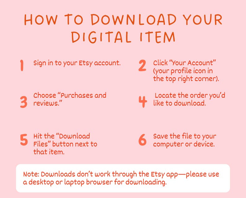 A digital download instruction graphic explaining how to access the Flower and Leaves Nail Art Templates on Etsy. The image lists steps such as signing in, going to purchases, clicking download files, and saving the printable sheet. The soft pink background and playful text provide clear guidance for beginners who wish to print and use the floral nail stencil sheets for DIY nail art, gel manicures, or press-on nail creation.