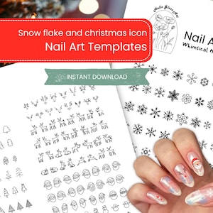 Può includere: Modelli di nail art con icone di fiocchi di neve e Natale. I modelli includono vari disegni come fiocchi di neve, renne, facce di Babbo Natale e alberi di Natale. L'immagine mostra anche una mano con unghie decorate.