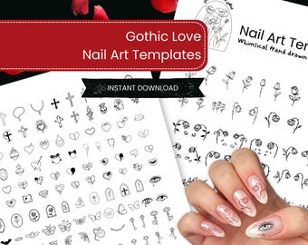 May include: Gothic Love nail art templates with various designs, including crosses, hearts, and keys. The image shows a hand with nail art using the templates. The text "Instant Download" is also visible.