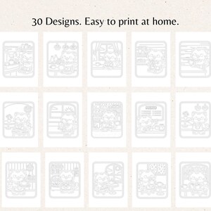 Second overview grid displaying additional black and white coloring page designs from the cat cafe collection. The thumbnails show cats reading books, serving drinks, relaxing at tables, and standing behind café counters. This image emphasizes the large number of unique designs included and the consistent cozy, simple line art style suitable for relaxing coloring.