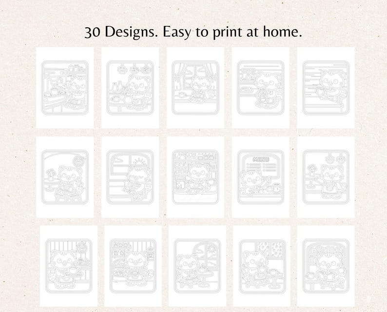 Second overview grid displaying additional black and white coloring page designs from the cat cafe collection. The thumbnails show cats reading books, serving drinks, relaxing at tables, and standing behind café counters. This image emphasizes the large number of unique designs included and the consistent cozy, simple line art style suitable for relaxing coloring.