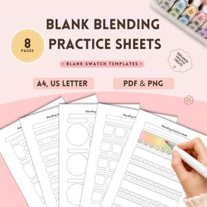 May include: Eight pages of blank blending practice sheets and swatch templates in A4 and US Letter sizes, provided as PDF and PNG files. The white paper sheets feature various outlined shapes for color blending exercises and marker testing.