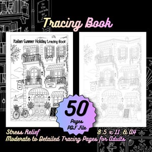 May include: A digital tracing book featuring 50 pages in a PDF file with 8.5 by 11 inch dimensions. The cover displays an Italian summer holiday scene with a hotel, balconies, and a bicycle. The text reads Tracing Book, Italian Summer Holiday tracing book.