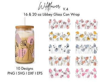 Wildflower Libbey glass can Wrap SVG Bundle, 16 & 20 oz, SVG Files for Cricut Silhouette, Instant Download I Full Glass Wrap