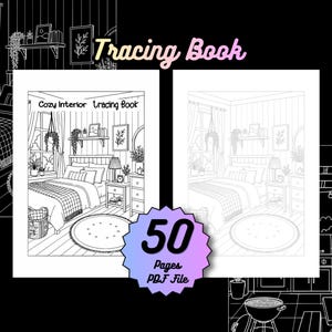 Op de afbeelding: Een zwart-wit lijntekening van een gezellige slaapkamer, getiteld "Cozy Interior Tracing Book". Het boek bevat een bed, een nachtkastje en hangplanten. De tekst "Tracing Book" is in een roze en gele gradiënt. Het boek heeft 50 pagina's in PDF-formaat.