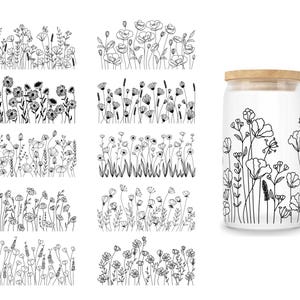 Wildflower Libbey glass can wrap PNG SVG DXF EPS bundle for 16 oz and 20 oz tumbler sublimation, hand-drawn flower line art, wild flower wrap template, floral tumbler design, aesthetic black and white glass can design, boho botanical can wrap, commercial use, instant download, summer flower can glass design, minimalist wildflower tumbler art, floral SVG for Cricut and Silhouette, transparent background PNG for craft projects, digital flower wrap for iced coffee cup. libby jar sublimation