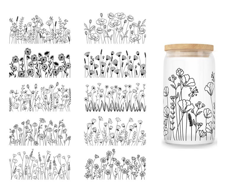 Wildflower Libbey glass can wrap PNG SVG DXF EPS bundle for 16 oz and 20 oz tumbler sublimation, hand-drawn flower line art, wild flower wrap template, floral tumbler design, aesthetic black and white glass can design, boho botanical can wrap, commercial use, instant download, summer flower can glass design, minimalist wildflower tumbler art, floral SVG for Cricut and Silhouette, transparent background PNG for craft projects, digital flower wrap for iced coffee cup. libby jar sublimation