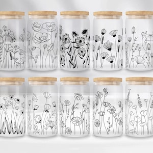 Wildflower Libbey glass can wrap PNG SVG DXF EPS bundle for 16 oz and 20 oz tumbler sublimation, hand-drawn flower line art, wild flower wrap template, floral tumbler design, aesthetic black and white glass can design, boho botanical can wrap, commercial use, instant download, summer flower can glass design, minimalist wildflower tumbler art, floral SVG for Cricut and Silhouette, transparent background PNG for craft projects, digital flower wrap for iced coffee cup. libby jar sublimation