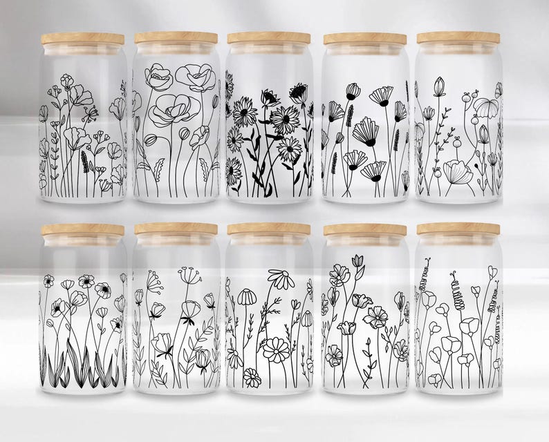 Wildflower Libbey glass can wrap PNG SVG DXF EPS bundle for 16 oz and 20 oz tumbler sublimation, hand-drawn flower line art, wild flower wrap template, floral tumbler design, aesthetic black and white glass can design, boho botanical can wrap, commercial use, instant download, summer flower can glass design, minimalist wildflower tumbler art, floral SVG for Cricut and Silhouette, transparent background PNG for craft projects, digital flower wrap for iced coffee cup. libby jar sublimation