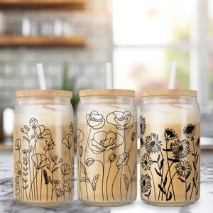 Wildflower Libbey glass can wrap PNG SVG DXF EPS bundle for 16 oz and 20 oz tumbler sublimation, hand-drawn flower line art, wild flower wrap template, floral tumbler design, aesthetic black and white glass can design, boho botanical can wrap, commercial use, instant download, summer flower can glass design, minimalist wildflower tumbler art, floral SVG for Cricut and Silhouette, transparent background PNG for craft projects, digital flower wrap for iced coffee cup. libby jar sublimation