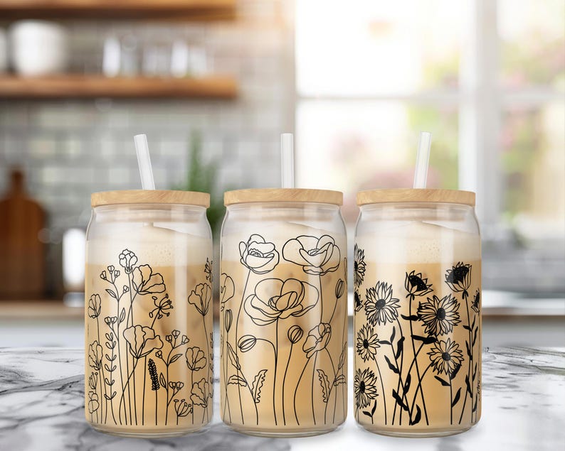 Wildflower Libbey glass can wrap PNG SVG DXF EPS bundle for 16 oz and 20 oz tumbler sublimation, hand-drawn flower line art, wild flower wrap template, floral tumbler design, aesthetic black and white glass can design, boho botanical can wrap, commercial use, instant download, summer flower can glass design, minimalist wildflower tumbler art, floral SVG for Cricut and Silhouette, transparent background PNG for craft projects, digital flower wrap for iced coffee cup. libby jar sublimation