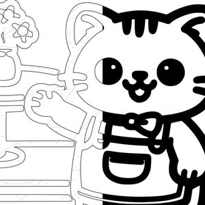 Close-up view of a monochrome coloring page showing a smiling cartoon cat wearing an apron and standing beside a small café table with a flower vase. The image highlights thick black outlines, rounded shapes, and large open spaces designed for relaxing coloring. This zoomed detail helps customers see the clean line quality and stress-free style of the cozy cat cafe coloring book.