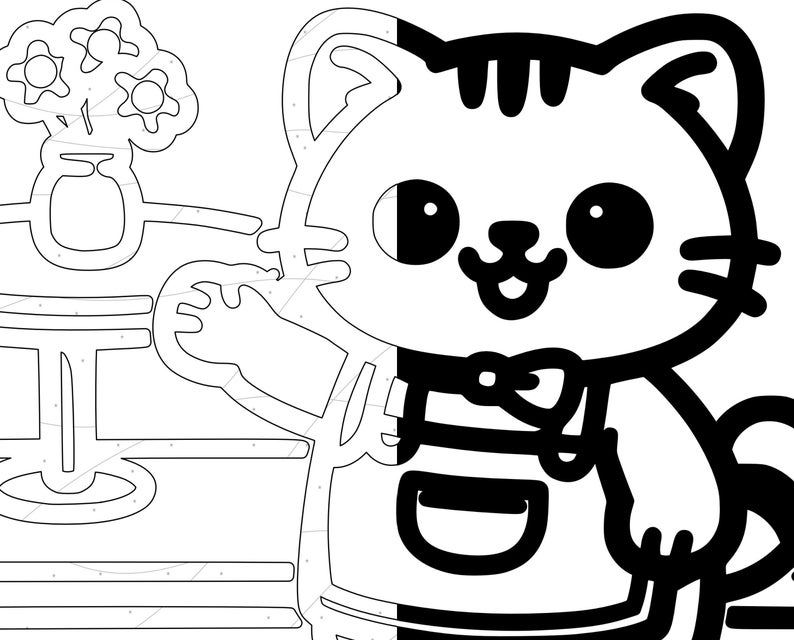 Close-up view of a monochrome coloring page showing a smiling cartoon cat wearing an apron and standing beside a small café table with a flower vase. The image highlights thick black outlines, rounded shapes, and large open spaces designed for relaxing coloring. This zoomed detail helps customers see the clean line quality and stress-free style of the cozy cat cafe coloring book.