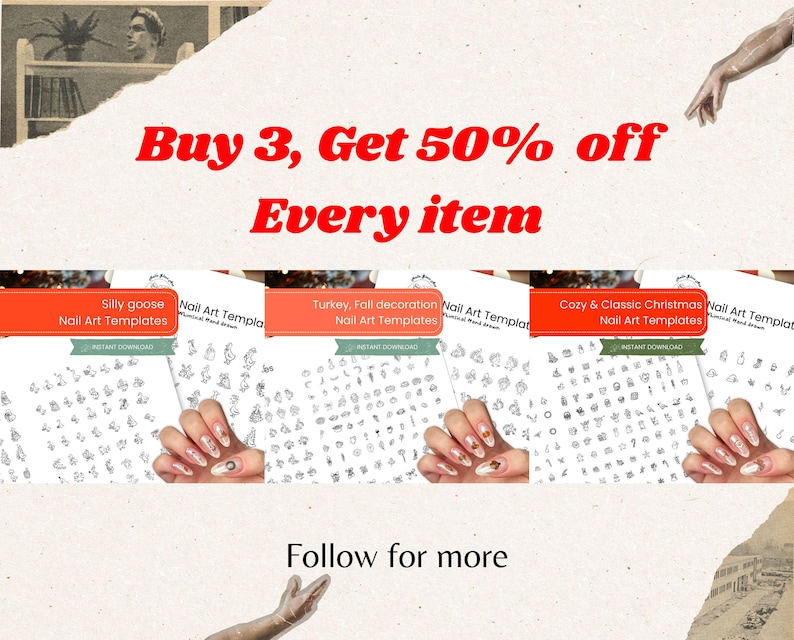 A promotional graphic displaying several nail art template bundles including floral, silly goose, turkey, and classic Christmas sets. The banner highlights a “Buy 3, Get 50% off” offer and encourages customers to follow for more designs. The image showcases hand-drawn nail art sheets and real nail photos, emphasizing the variety of printable stencils available for DIY nail artists, nail salons, and press-on nail makers.