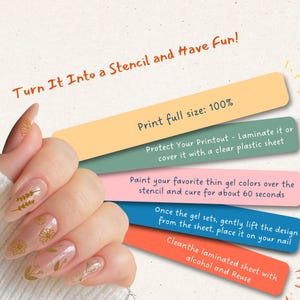 A cover preview of the Flower and Leaves Nail Art Templates featuring a large printable sheet filled with hundreds of hand-drawn floral icons, leaves, petals, and botanical line art. A hand with soft pink nails decorated with gold floral nail art appears beside the sheet, demonstrating how the designs look when applied. This image showcases the instant download printable stencil set for DIY nail art and gel nail decoration.