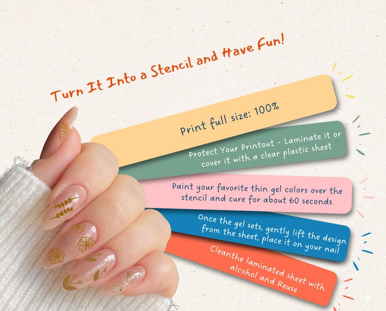 A cover preview of the Flower and Leaves Nail Art Templates featuring a large printable sheet filled with hundreds of hand-drawn floral icons, leaves, petals, and botanical line art. A hand with soft pink nails decorated with gold floral nail art appears beside the sheet, demonstrating how the designs look when applied. This image showcases the instant download printable stencil set for DIY nail art and gel nail decoration.