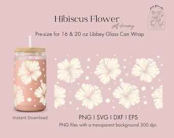 May include: A pink Libbey glass can wrap with a hibiscus flower design. The wrap is pre-sized for 473 and 591 ml cans. The design features white hibiscus flowers and white polka dots. The words "Hibiscus Flower" are at the top.